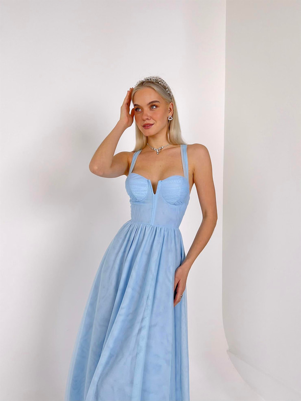 Arkadan Bağlamalı Kalın Askı Eteği Tül Felimo Kadın Bebe Mavisi Elbise 23Y000159
