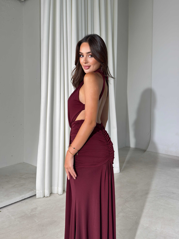 Sırtı Açık Halter Yaka Maxi Boy Bordo Felix Kadın Elbise 26Y541