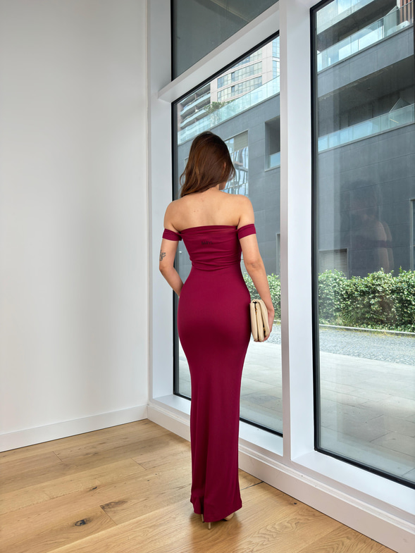Madonna Yaka Tül Detaylı Fitilli Fernanda Kadın Bordo Maxi Elbise 24Y613