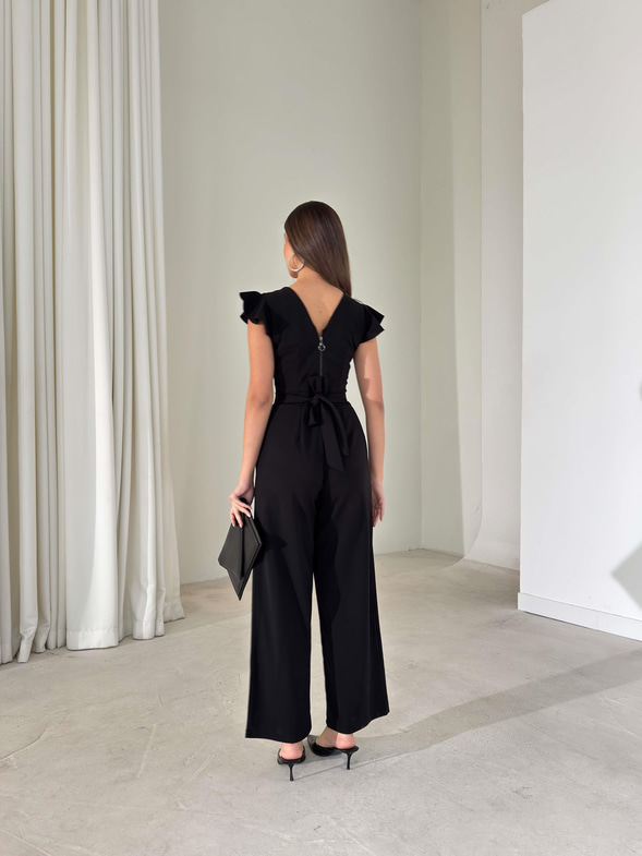 Kruvaze Yaka Fermuarlı Yüksek Bel Fiola Siyah Kadın Tulum 26K413