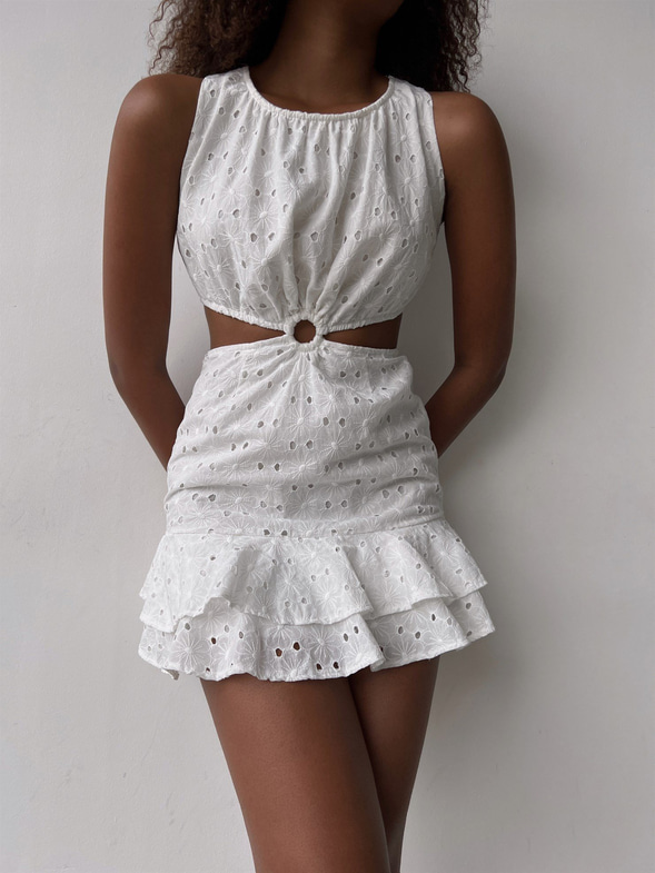 Fistolu Kumaş Fırfırlı Bel Dekolteli Mattia Kadın Beyaz Mini Elbise 22Y000459