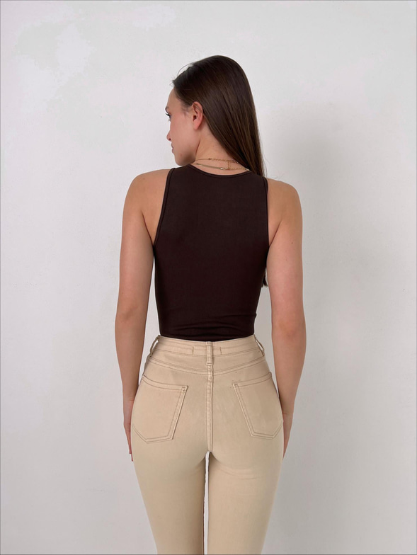 Kalın Askı Fitilli Çıtçıtlı Kadın Kahve  Bodysuit 23Y000073