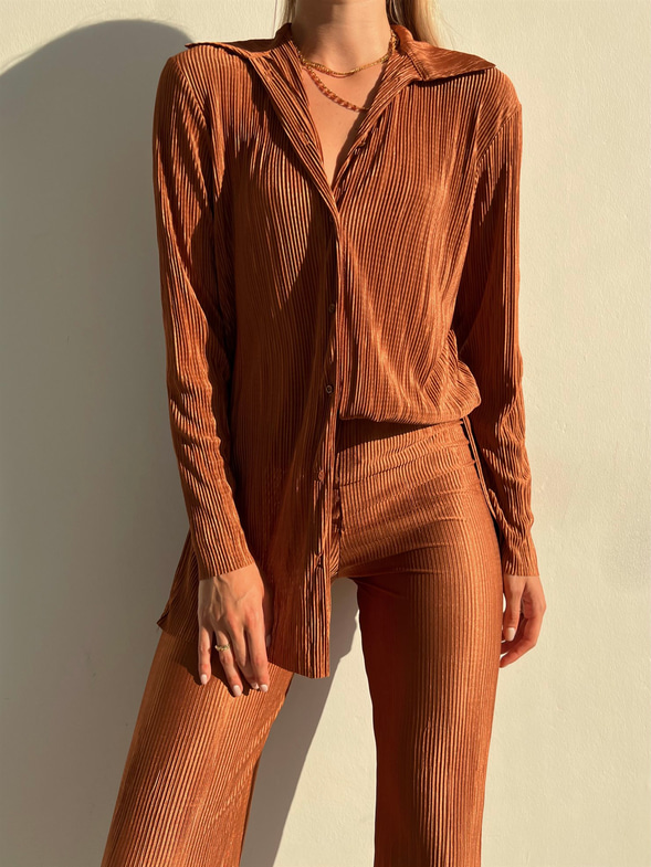 Fitilli Piliseli Kumaş Tatiana Kadın Kahverengi İkili Takım 22Y000295