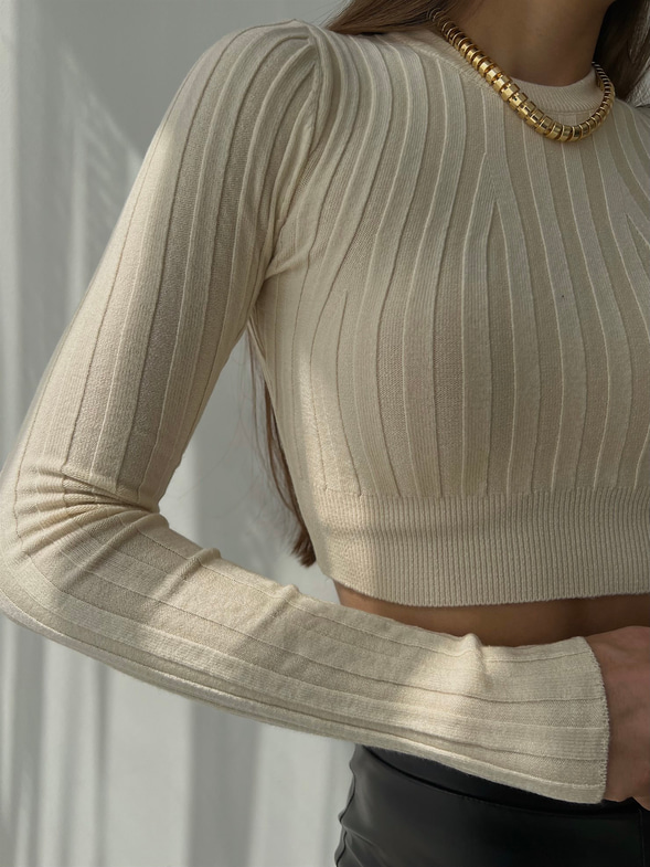 Fitilli Uzun Kol Baldric Kadın Krem Triko Crop 23K000018