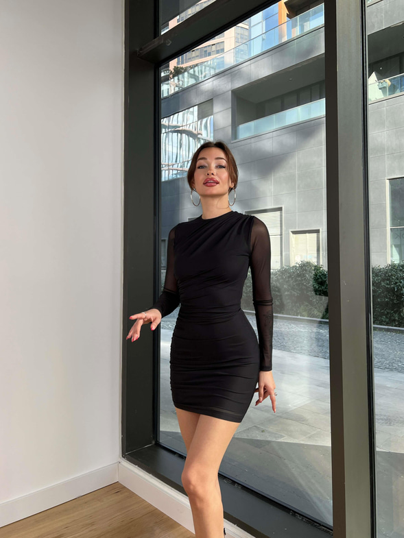 Tül Drape Detaylı Foris Kadın Siyah Mini Elbise 24Y053