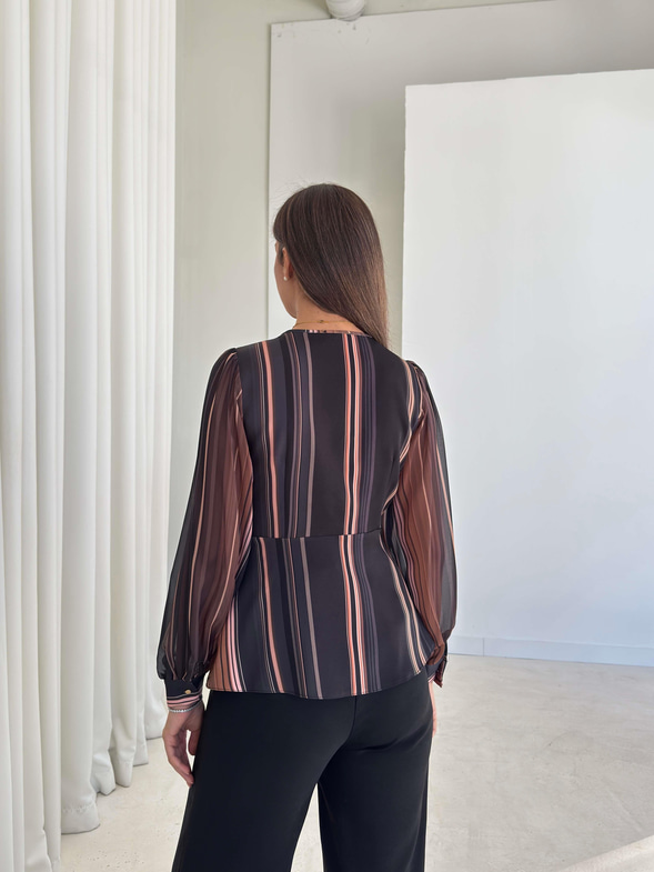 Kruvaze Kesim Kolları Tül Desenli Francis Renkli Kadın Bluz 26K233