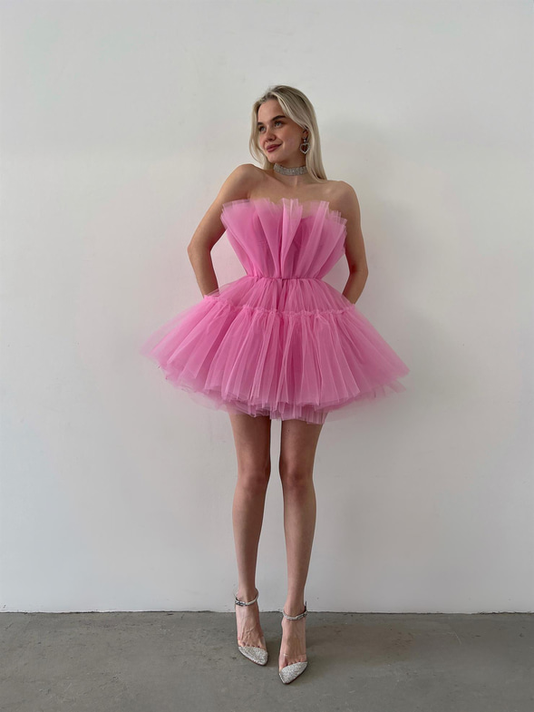 Straplez Frılly Kadın Pembe Mini Tül Elbise 23Y000221