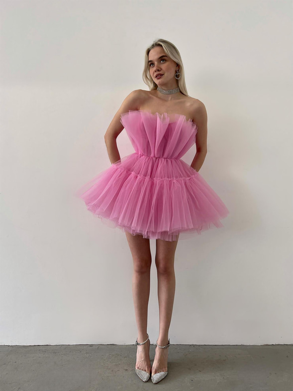 Straplez Frılly Kadın Pembe Mini Tül Elbise 23Y000221