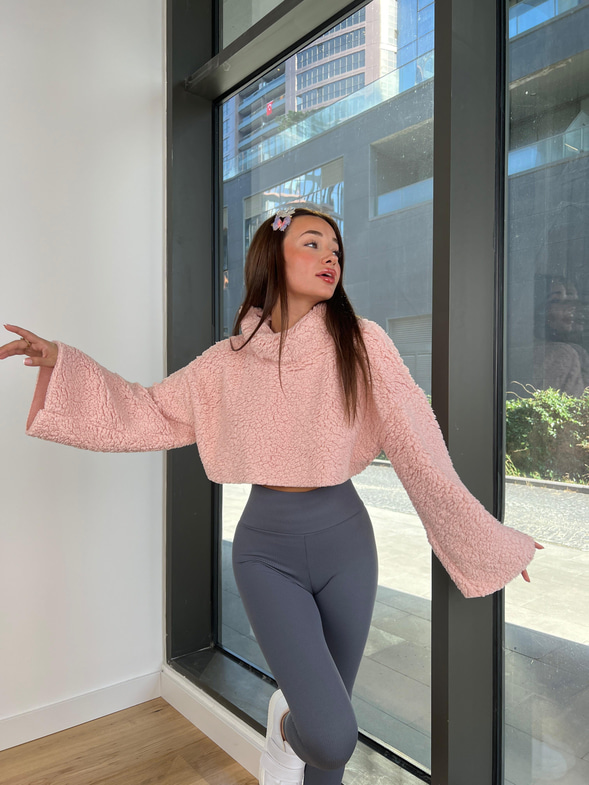 Boğazlı Peluş Frio Kadın Pembe Kazak 24k000168