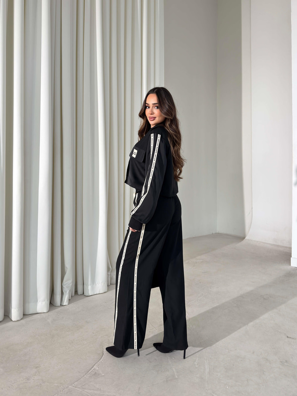 Cepli Yazı Detaylı Garnili Siyah Kadın İkili Takım 26K405