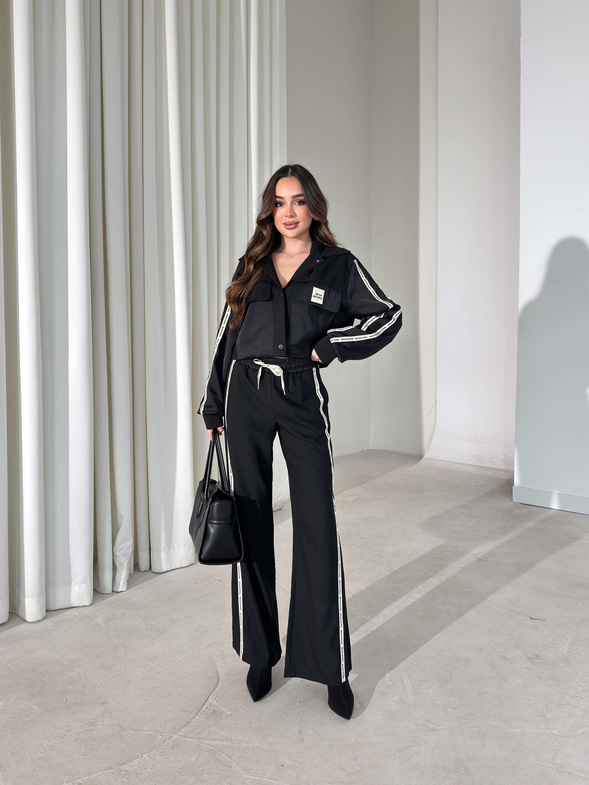 Cepli Yazı Detaylı Garnili Siyah Kadın İkili Takım 26K405