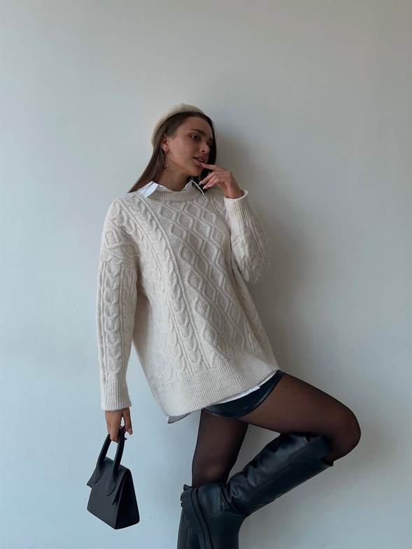 Geniş Kesim Axel Kadın Ekru Örme Triko Kazak 23K000070