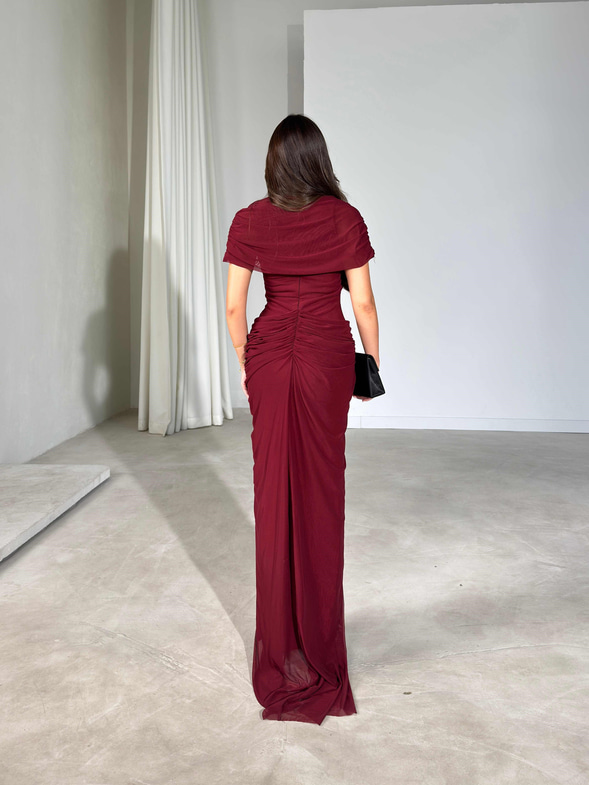 Çıkarılabilir Pelerinli Maxi Boy Bordo Giselle Kadın Elbise 26Y605