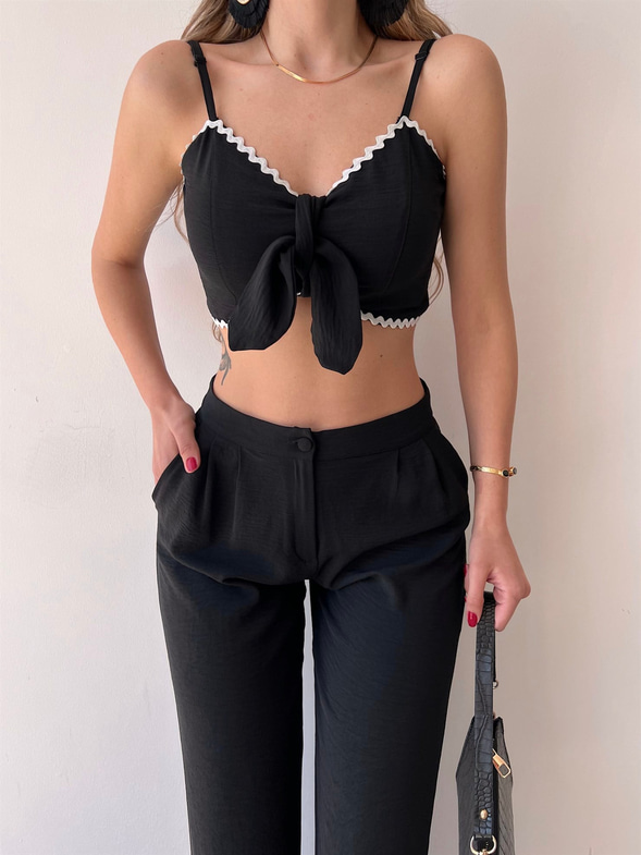 Göğüsü Bağcık Detay Crop Bol Paça Alt Mikayla Kadın Siyah İkili Takım 22Y000254