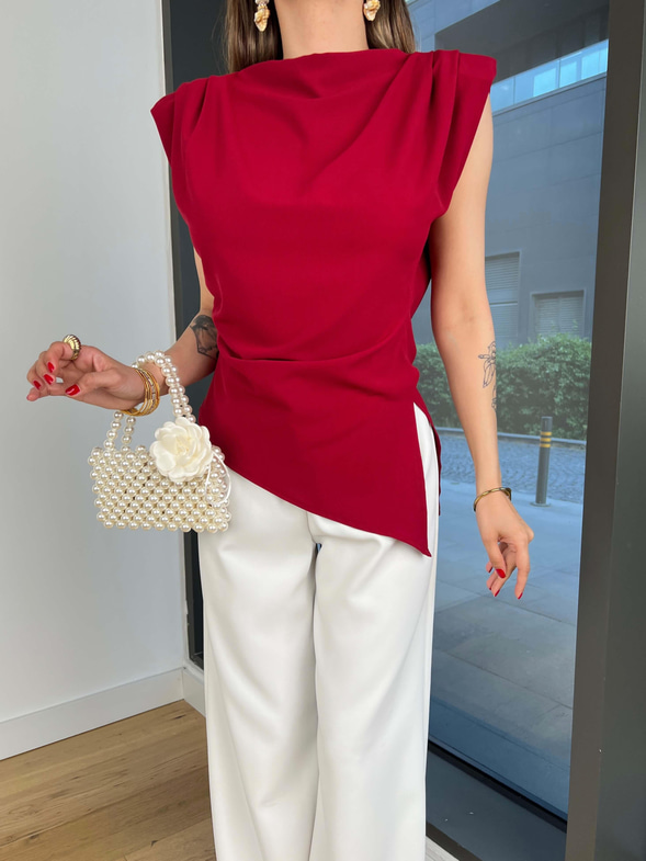Asimetrik Kesim Halberi Bordo Kadın Bluz 25Y040