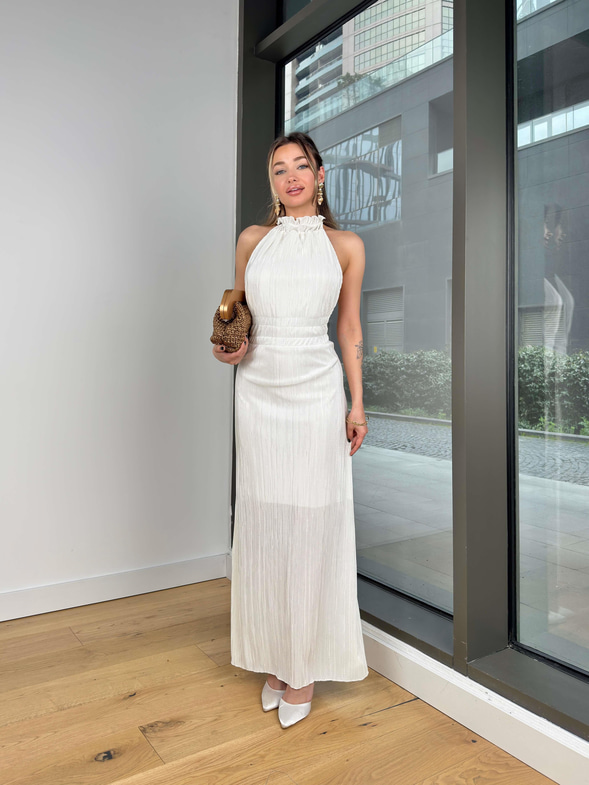 Halter Yaka Sırt Dekolteli Danle Beyaz Kadın Elbise 25Y129