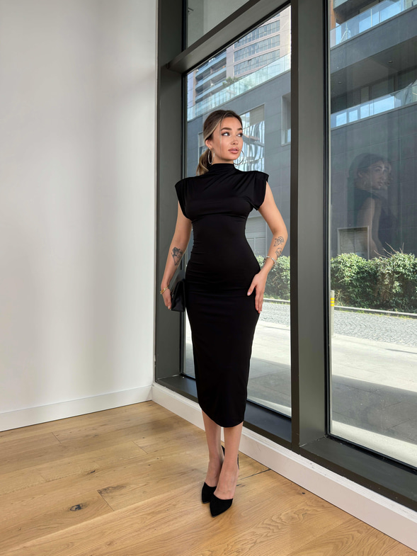 Balıkçı Yaka Kolsuz Havlock Siyah Kadın Midi Elbise 25K494