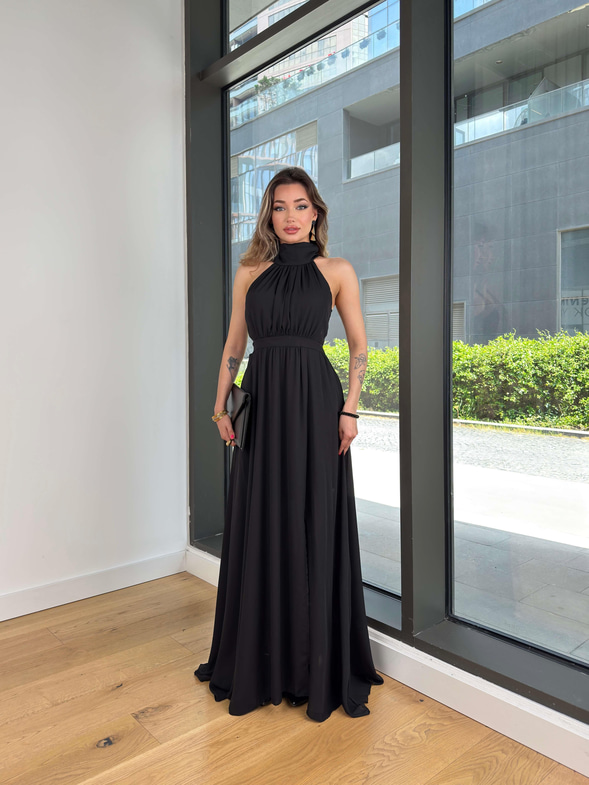 Halter Yaka Belden Oturtmalı Herlan Siyah Kadın Elbise 25Y409