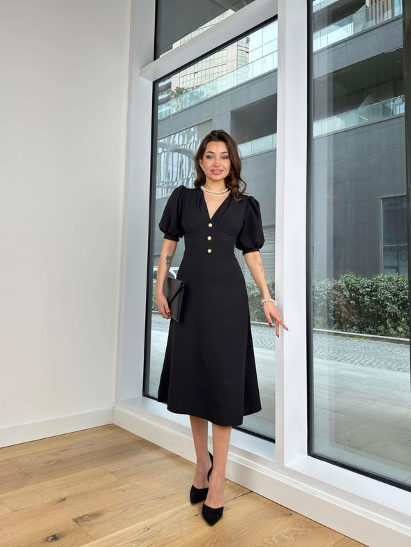 V Yaka Balon Kol Düğme Detaylı Holger Kadın Siyah Midi Elbise 24Y314