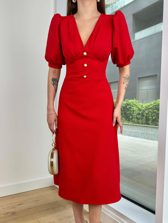 V Yaka Balon Kol Düğme Detaylı Holger Kadın Kırmızı Midi Elbise 24Y314