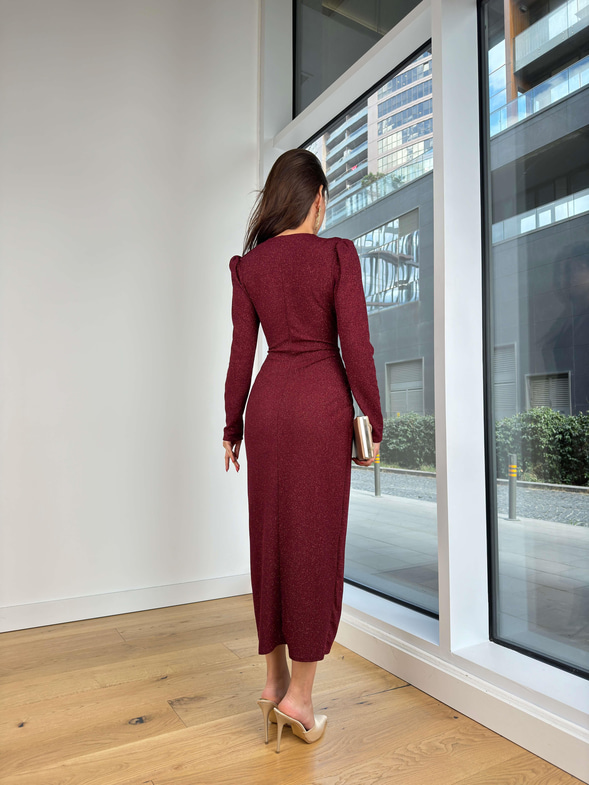 V Yaka Önü Büzgü Detaylı Holman Bordo Kadın Elbise 25K303