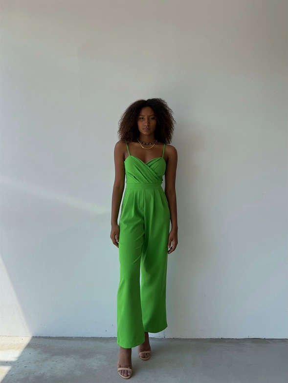 İnce Askılı Kruvaze Yaka Önü Pileli Zama Kadın Yeşil Tulum 22Y000445