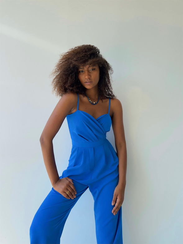 İnce Askılı Kruvaze Yaka Önü Pileli Zama Kadın Saks Tulum 22Y000445