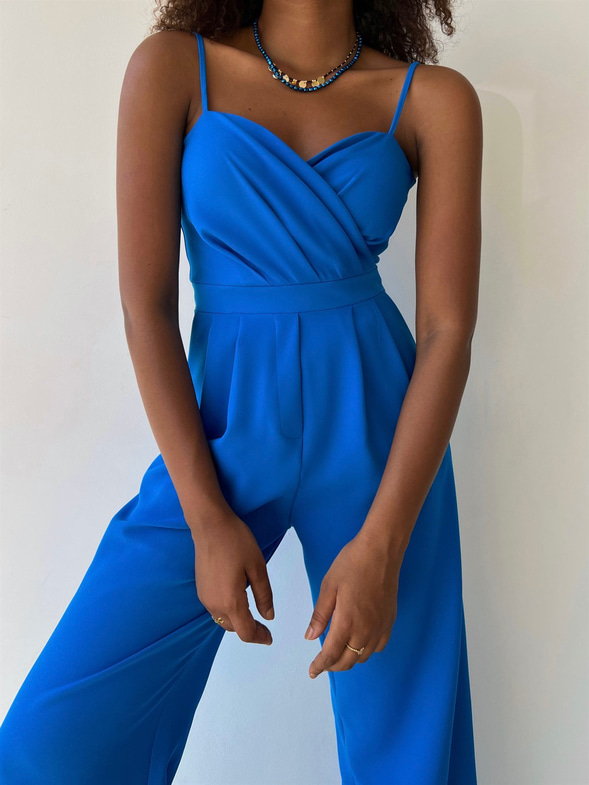 İnce Askılı Kruvaze Yaka Önü Pileli Zama Kadın Saks Tulum 22Y000445