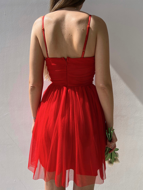 İnce Askılı Mini Boy Astarlı Tül Kumaş Layne Kadın Kırmızı Elbise 22Y000256