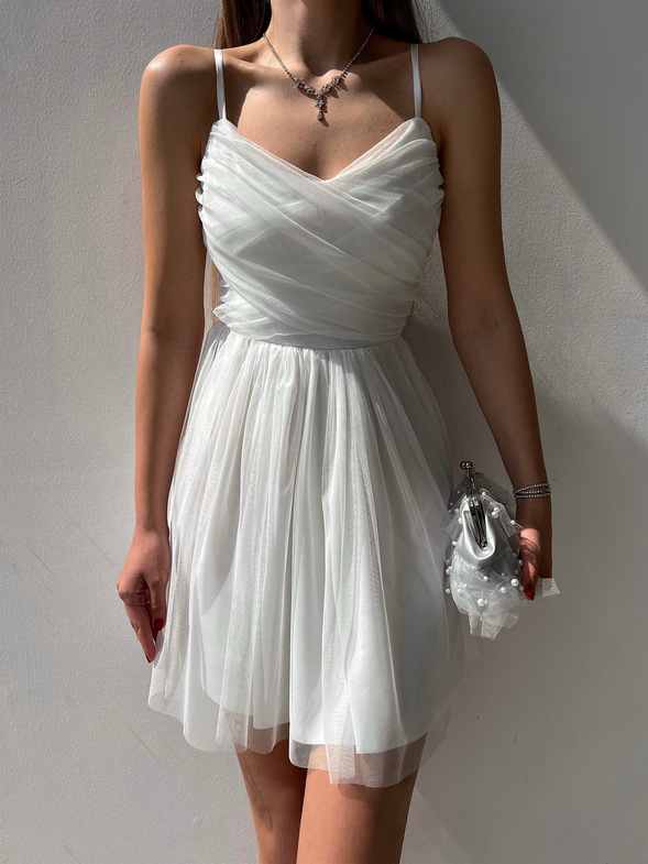 İnce Askılı Mini Boy Astarlı Tül Kumaş Layne Kadın Beyaz Elbise 22Y000256