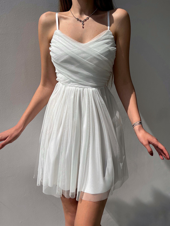 İnce Askılı Mini Boy Astarlı Tül Kumaş Layne Kadın Beyaz Elbise 22Y000256
