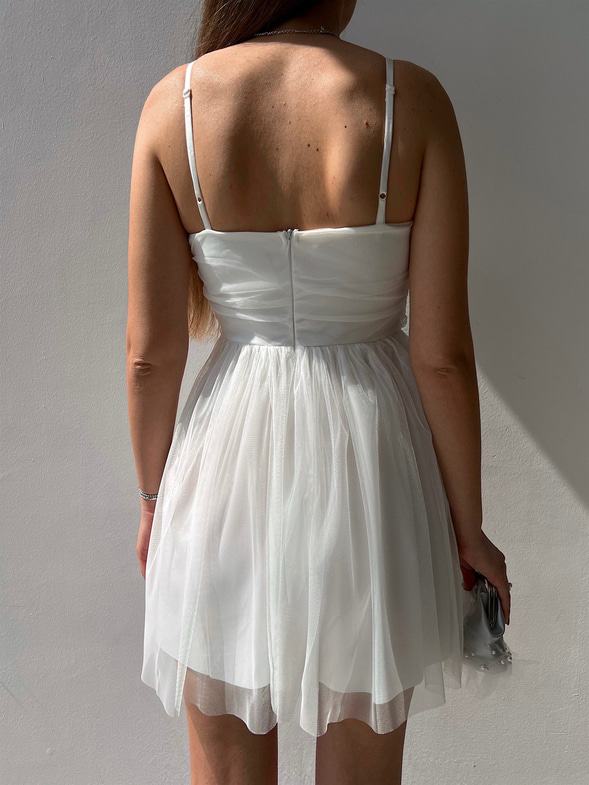 İnce Askılı Mini Boy Astarlı Tül Kumaş Layne Kadın Beyaz Elbise 22Y000256