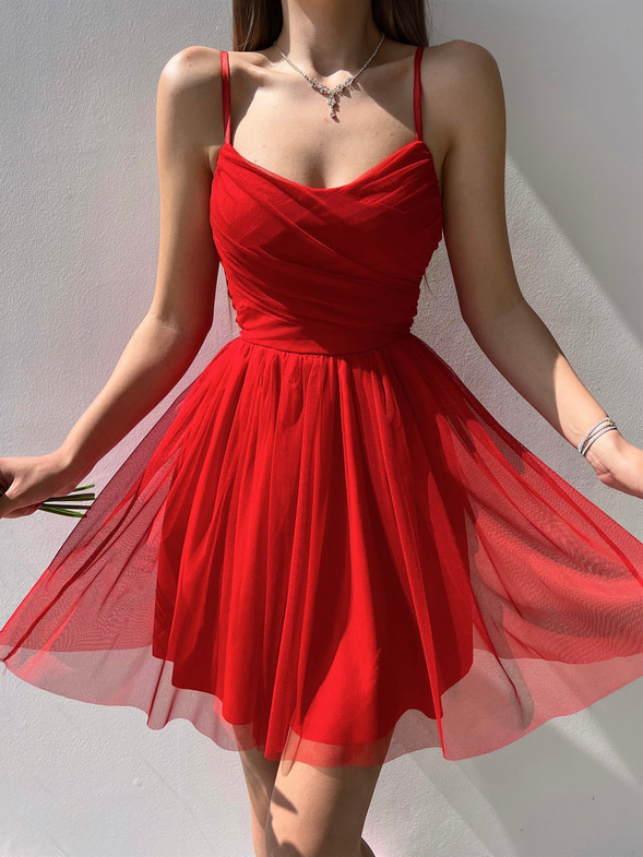 İnce Askılı Mini Boy Astarlı Tül Kumaş Layne Kadın Kırmızı Elbise 22Y000256