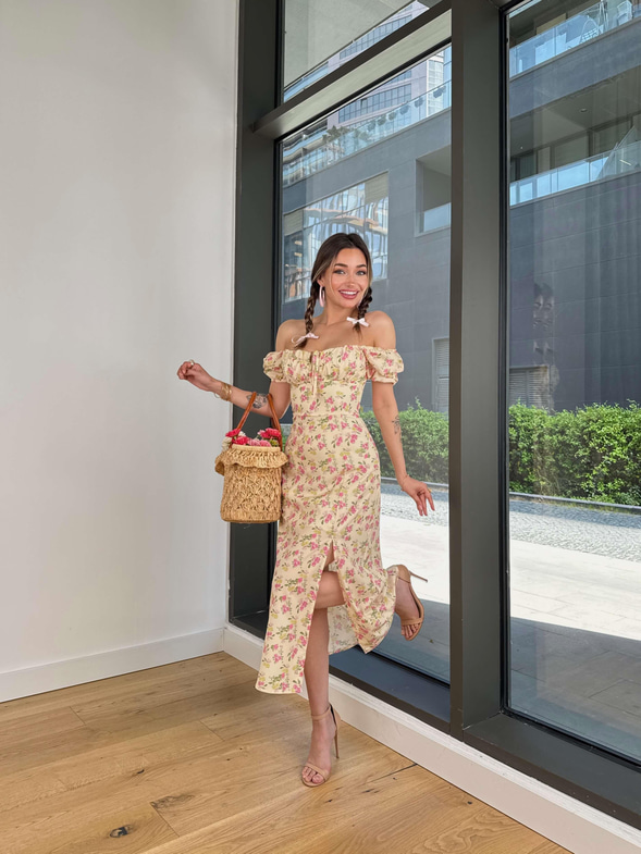 Düşük Omuz Göğüs Kısmı Büzgülü İnor Sarı Kadın Çiçekli Elbise 25Y372