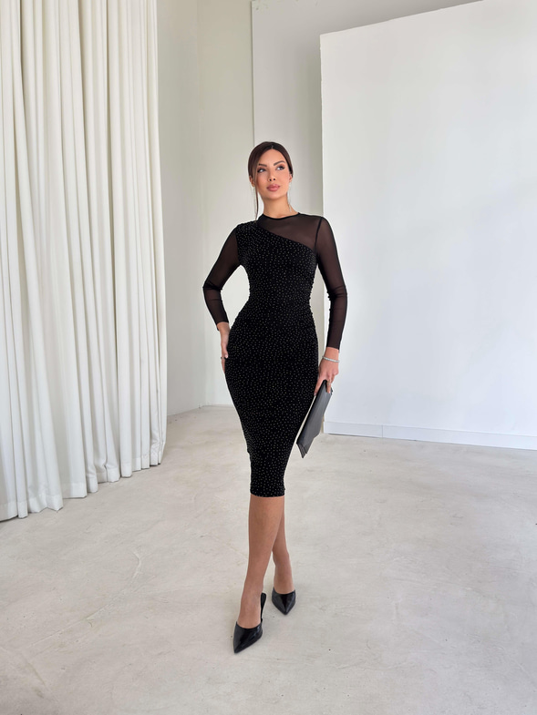 Taşlı Parlak Kolları Tüllü Irvet Siyah Kadın Elbise 26K294