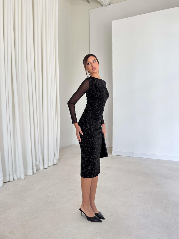 Taşlı Parlak Kolları Tüllü Irvet Siyah Kadın Elbise 26K294