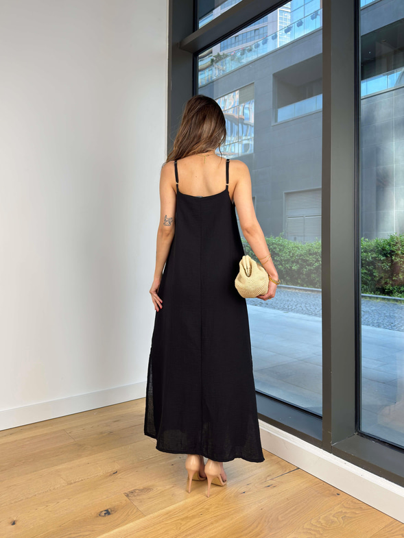 Askılı V Yaka İyır Siyah Kadın Elbise 25Y373