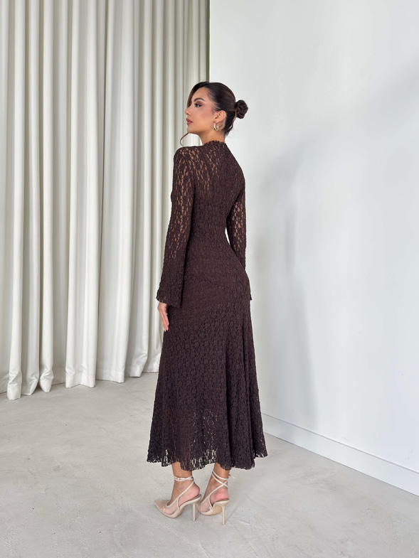 Astarlı Yelpaze Kol Jadon Kahve Kadın Dantelli Elbise 26K256