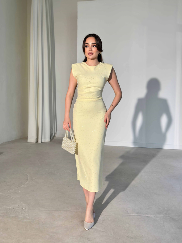 Vatkalı Taşlı Drape Detaylı Midi Boy Sarı Jesep Kadın Elbise 26Y282