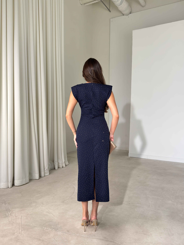 Vatkalı Taşlı Drape Detaylı Midi Boy Lacivert Jesep Kadın Elbise 26Y282