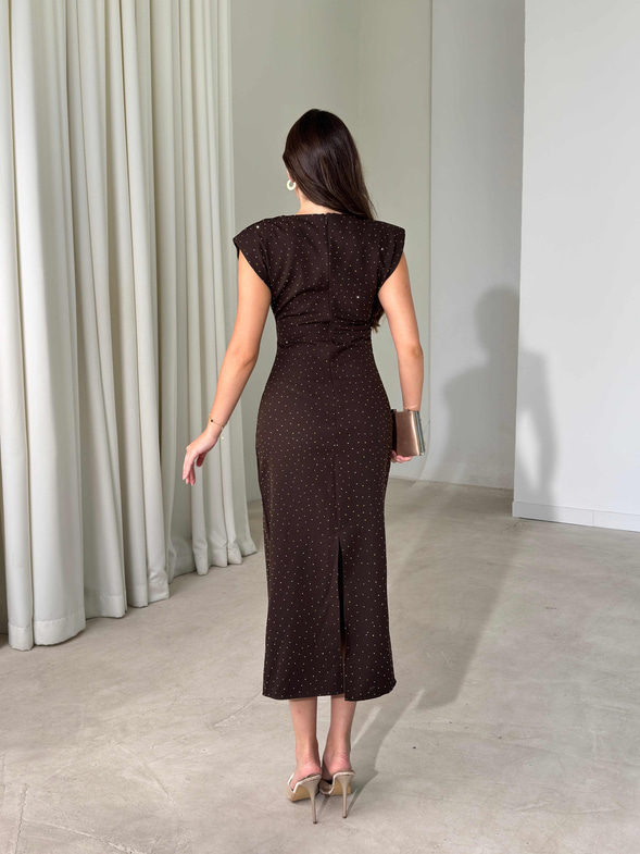 Vatkalı Taşlı Drape Detaylı Midi Boy Kahverengi Jesep Kadın Elbise 26Y282