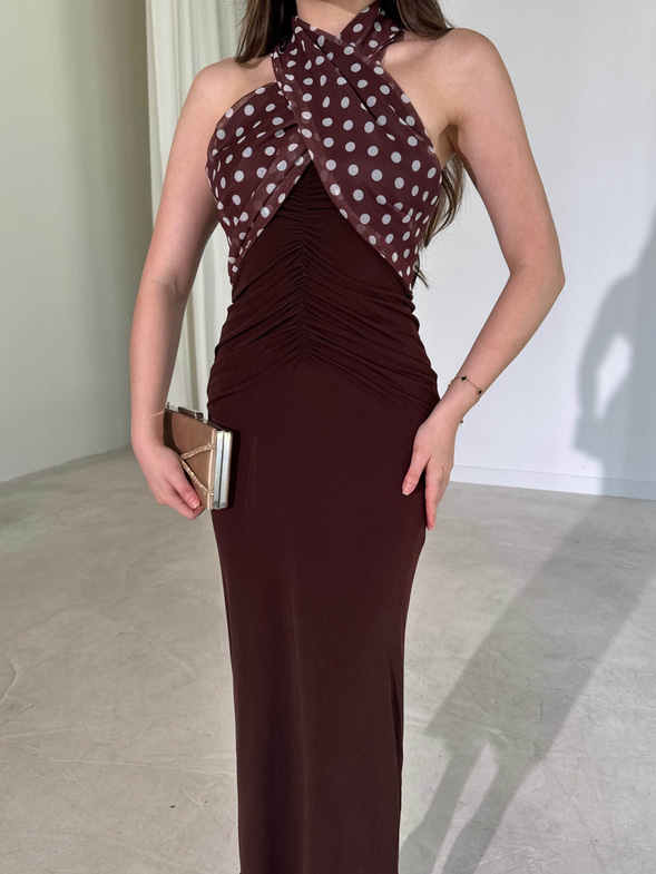 Yakası Ayarlanabilir Puantiyeli Drape Detaylı Midi Kahverengi Joan Kadın Elbise 26Y285
