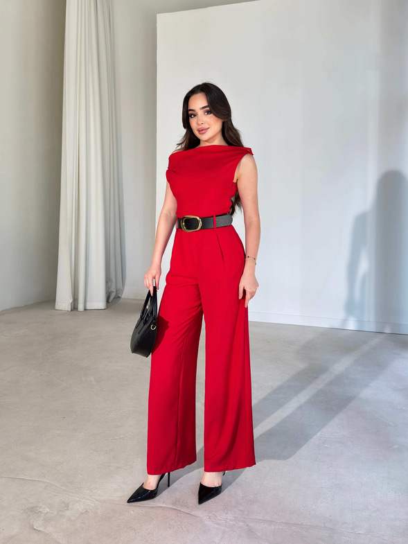 Kemerli Düşük Omuz Kırmızı Joanne Kadın Tulum 26Y314