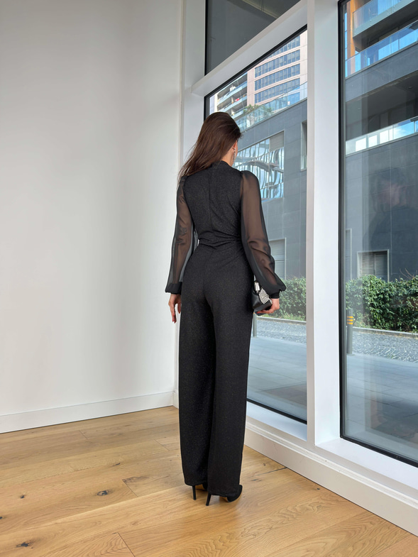 Derin V Yaka Önden Bağlamalı Kolları Tül Johari Siyah Kadın Simli Tulum 25K304