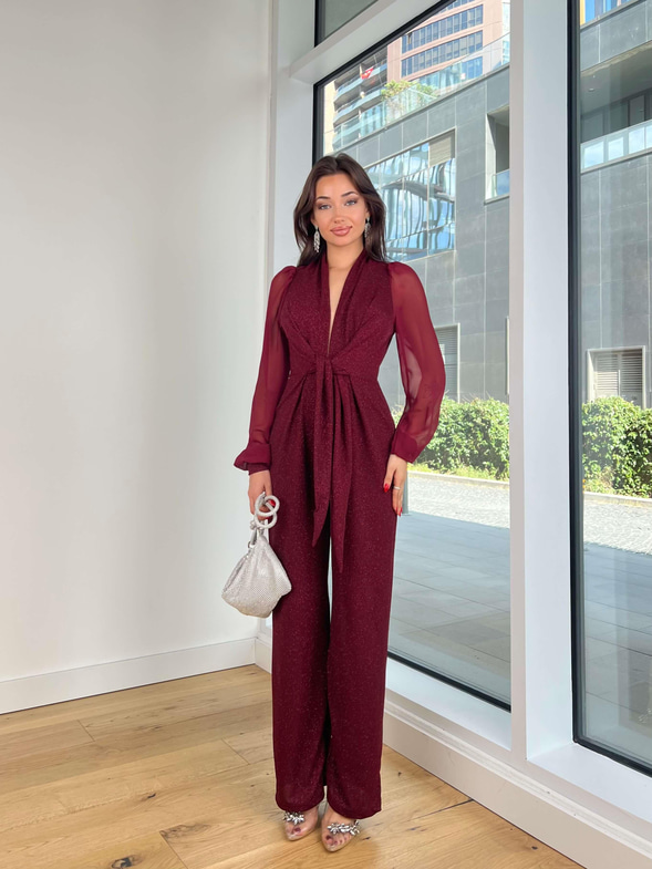 Derin V Yaka Önden Bağlamalı Kolları Tül Johari Bordo Kadın Simli Tulum 25K304