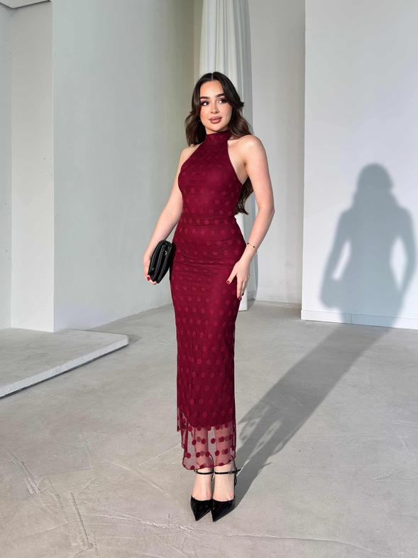 Boyundan Bağlamalı Midi Boy Bordo Jonas Kadın Elbise 26Y284