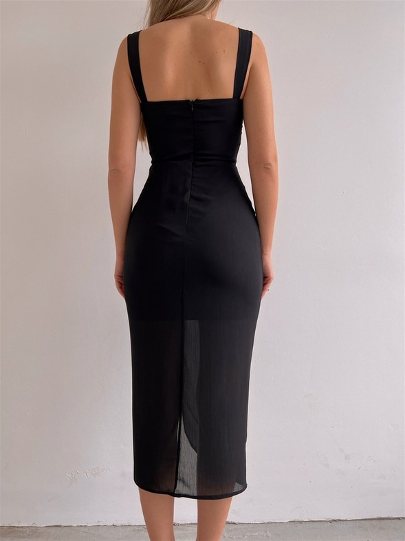 Kalın Askı Drape Yandan Yırtmaçlı Ella Kadın Siyah Elbise 22K000530