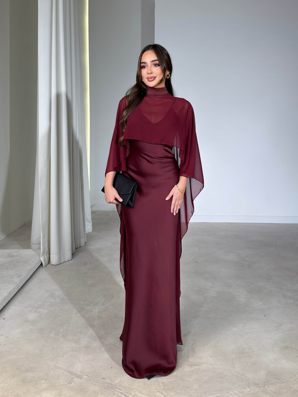 Tül Pelerinli Saten İnce Askılı Maxi Boy Bordo Kalina Kadın Elbise 26Y683