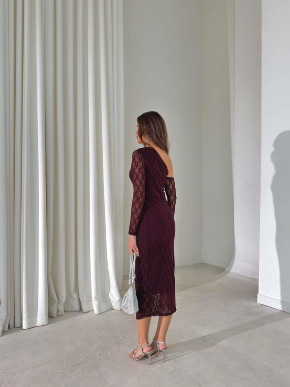 Dantel Tek Omuz Kalmire Bordo Kadın Elbise 26K418