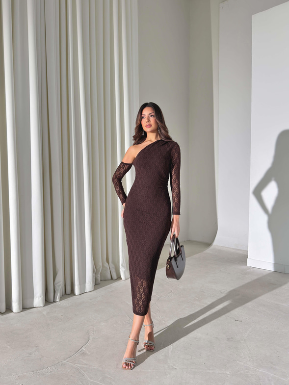 Dantel Tek Omuz Kalmire Kahve Kadın Elbise 26K418